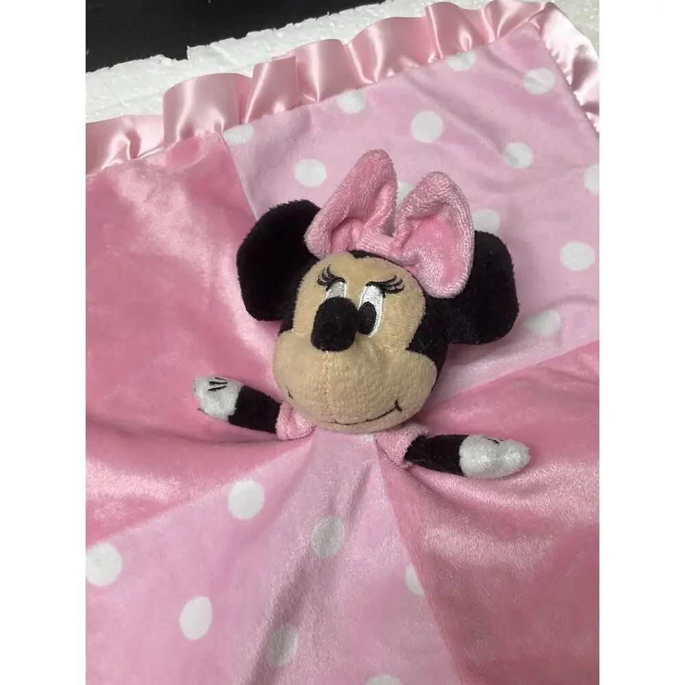 Disney Baby Minnie Mouse Pink Polka Dots Satin Trim Lovey Security Baby Blanket